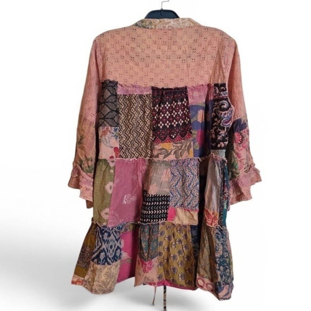 POL Womens Patchwork Eyelet Tunic Top Multi Color Bell Sleeve Cotton Medium - Picture 4 of 15